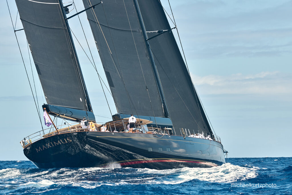 Photograph of the yacht Maximus racing at the 2026 St. barths Bucket Regatta by Michael Kurtz.